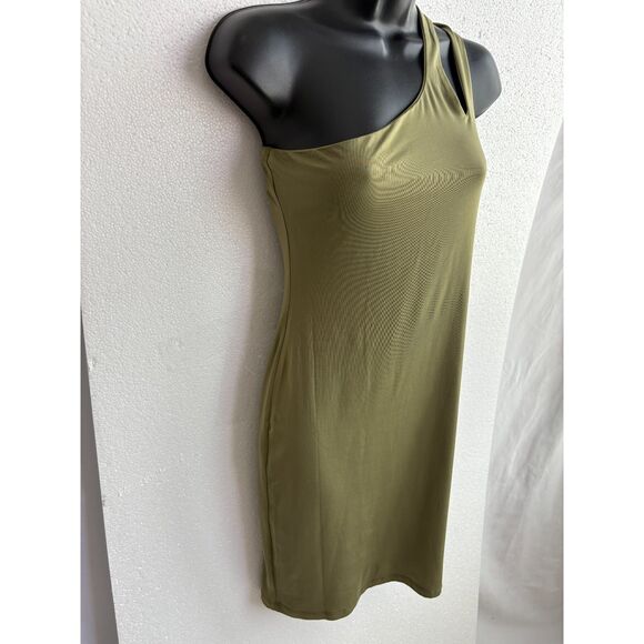 STNDRD Olive Green Asymmetrical Bodycon Dress Size M Cutout Sexy Date Going Out - Picture 3 of 10